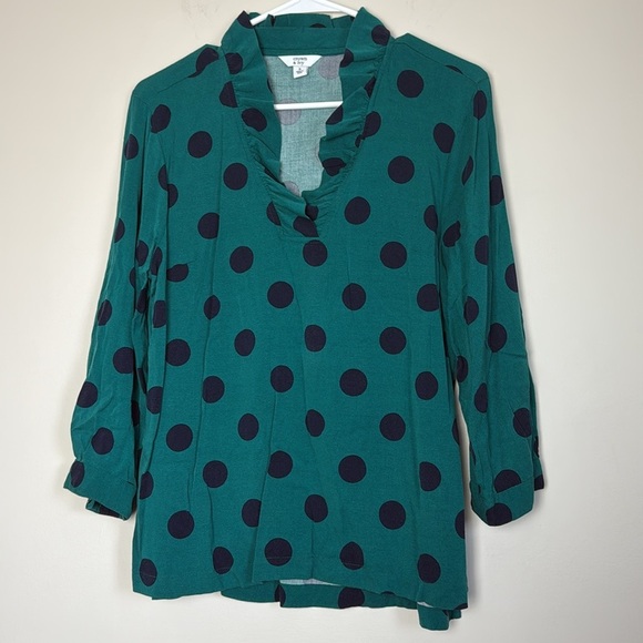 Crown & Ivy Emerald Green Dotted 3/4 Sleeve Ruffle Neck Printed Top Size Small - Picture 4 of 8